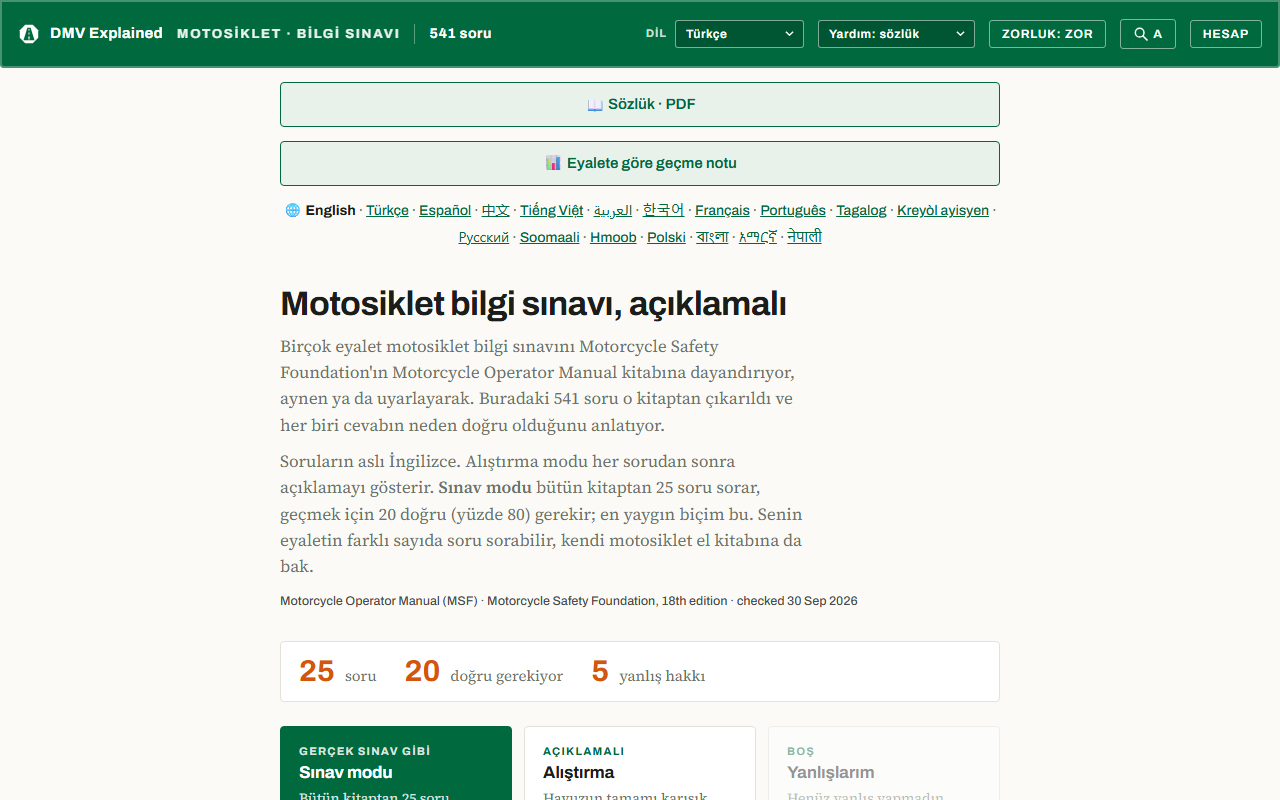 Motosiklet sınavı sayfası